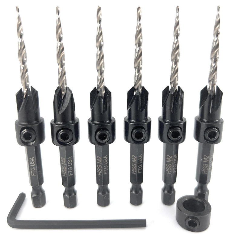 FTG USA 6 Pc #6 (9/64") Countersink Drill Bit Set with Tapered Drill Bits | 6 counter sink drill bit for wood, all same size. Includes 1 depth stop 3/8", 1 hex key; pre-drill woodworking boring tool Same Sort 6 Pc