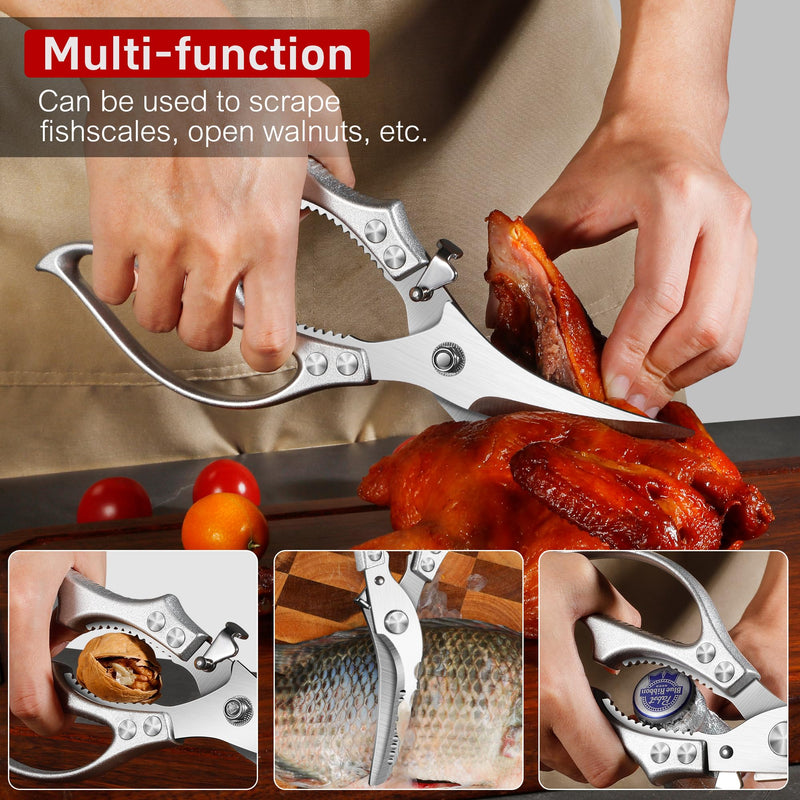 Poultry Shears, Kitchen Scissors for Food, All Purpose Heavy Duty for Chicken Wing/Thigh/Bone, Meat, Quail, Fish, Turkey, Vegetables, Stainless Steel Cooking Aid Scissors, Dishwasher Safe Silver Kitchen Shear