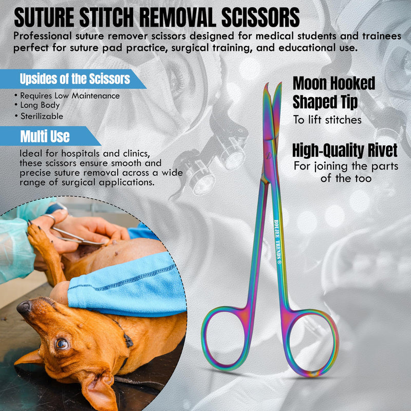 Suture Stitch Scissors with Multicolor/Rainbow Titanium Coating - Premium Quality Instrument- Delicate Hook - Perfect for Suture Removal, First Aid, EMS Training and More (13cm) 13cm