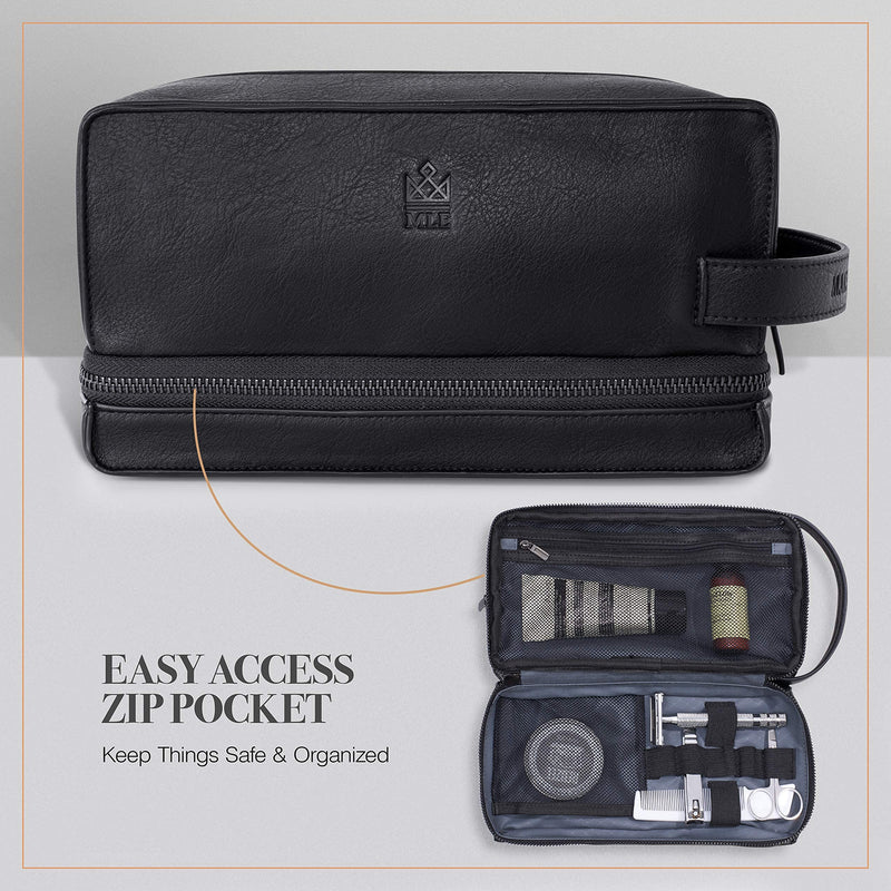 Mens Leather Toiletry Bag – Travel Dopp Kit, Shaving Bag, Grooming & Hygiene Organizer, Leather Toiletry Bag for Men, Gift for Him Midnight Black 2 - Compartment