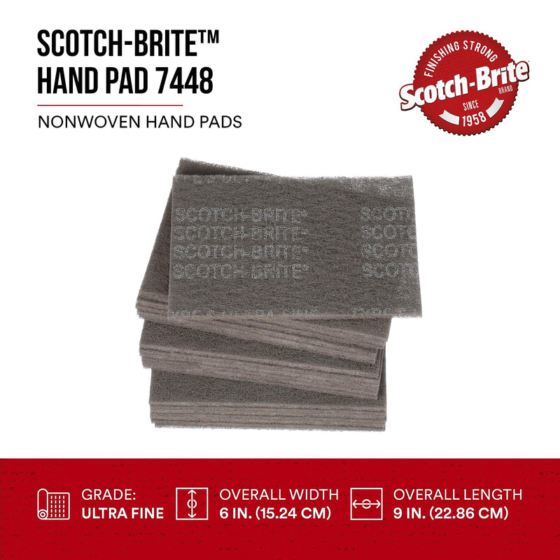 3M Scotch-Brite Ultra Fine Grade 7448 Hand Pad, Pack of 20, 6 in x 9 in Hand Pads, Nonwoven Silicon Carbide, Surface Preparation, Scuffing, and Cleaning, Gray