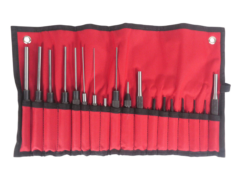 Taytools 466125 18 Piece Roll Pin Punch Set with 8 Inch Long and 4 Inch Short Pins, Includes Sizes 1/16 Through 3/8 Inch, Automatic Center Punch in Canvas Storage Pouch