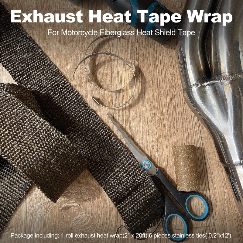 Titanium Exhaust Heat Wrap, 2" x 20' Heat Shield Tape with Stainless Ties for Motorcycle Gold