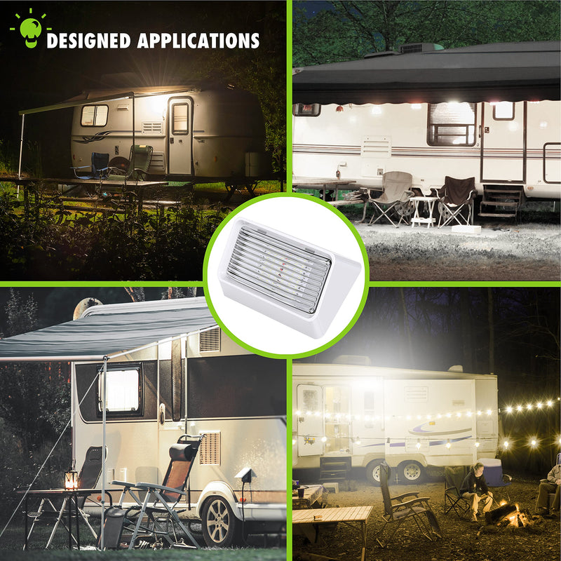 Leisure LED RV Exterior Porch Utility Light - 12v 280 Lumen Lighting Fixture. Replacement Lighting for RVs, Trailers, Campers, 5th Wheels. White Base, Clear and Amber Lens Included (White, 2-Pack)