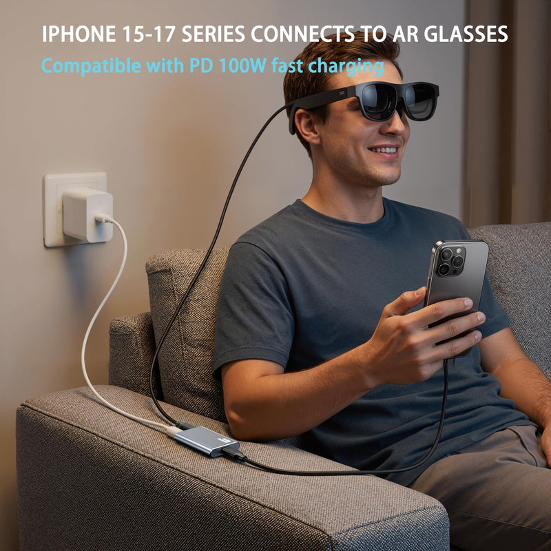 USB-C AR Glasses Adapter, 8K 30Hz/4K 144Hz, Power & Charge Sync | Compatible Xreal/Viture/RayNeo/Rokid AR Glasses,Steam Deck,ROG Ally,Switch 2,DJI RC 2,iPhone 15-17,Android,No Signal Lag