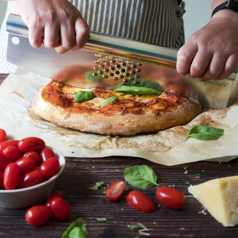 gemiknife Pizza Cutter Plus. Premium 14” Sharp Rocker Slicer + Built In Cheese Grater. Thick & Sturdy Stainless Steel Blade + Centered Handle + Protective Knife Cover + Dishwasher Safe.