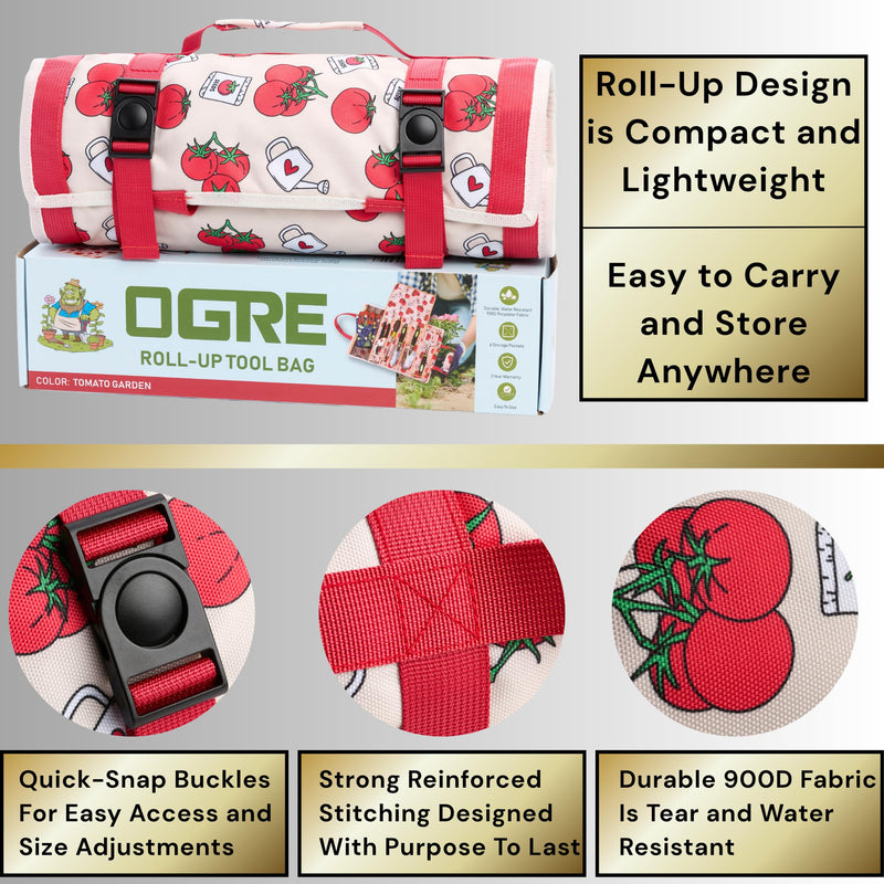 Garden Tool Bag - Roll-Up Garden Tool Holder with Deep Pockets | 900D Polyester Heavy Duty Gardening Tote | Compact Washable Organizer for Tools, Seeds, and Essentials (Tools Not Included) Tomato Print