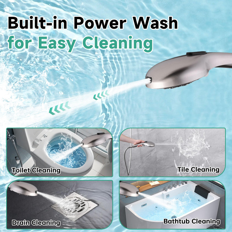 BRIGHT SHOWERS High Pressure Shower Head with Handheld, 9 Spray Settings Showerhead Built in Power Wash to Clean Tub and Pets, Extra Long 69" Hose, Adjustable Bracket, Brushed Nickel 2.5 GPM | 9 Modes