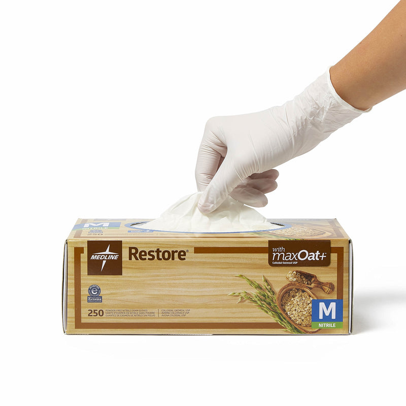 Medline Restore Nitrile Exam Gloves, 250 Count, Large, Powder Free, Disposable, Colloidal Oatmeal to Soothe Hands, Strong, Tear Resistant for Medical Tasks, Household Chores and More Large (Pack of 250)