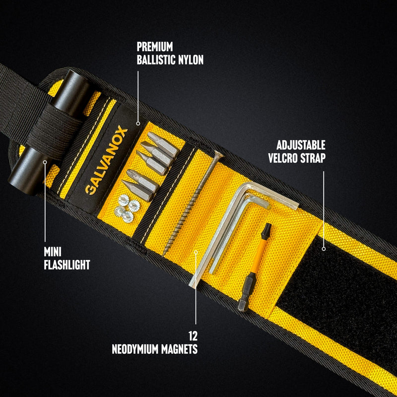 Galvanox Magnetic Wristband with Hands-Free Work Light (3-Mode) for Holding Screws Nails and Drill Bits, Durable Nylon with Powerful Magnets - Tool Gift for Men, Dad, Husband, Handyman (Yellow) Yellow