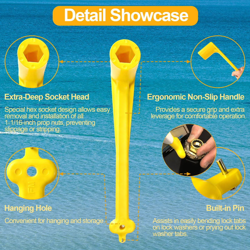 Floating Marine Boat Prop 1-1/16" Polymer Propeller Wrench & Prop Stop Propeller Stop Fit Mercury/Mercruiser/OMC,for All Outboard & Stern Drive Applications,Light-Weight, Rustproof Plastic,Yellow Yellow Kit