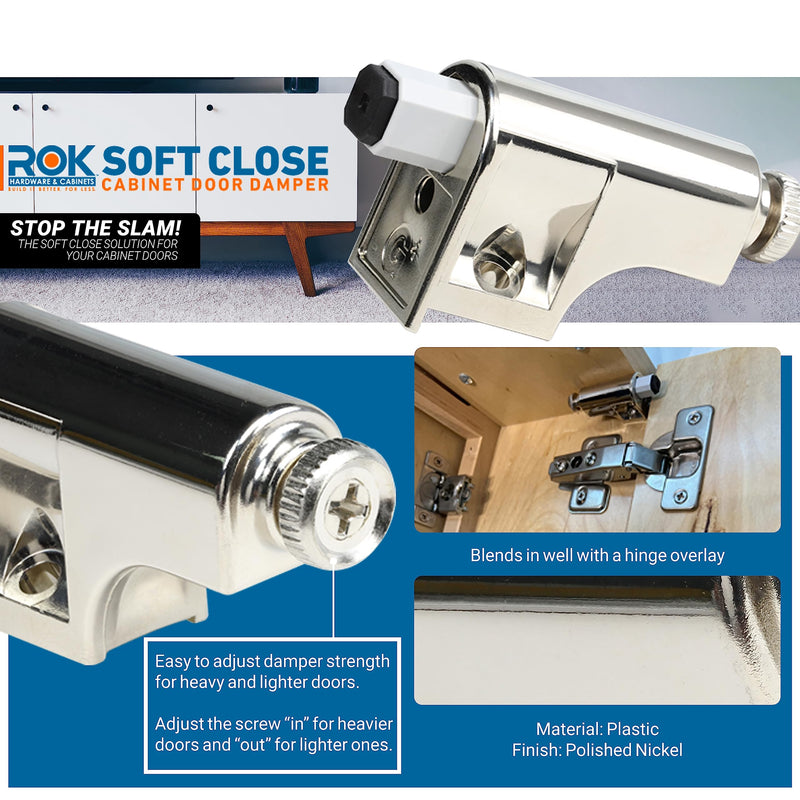 25 Pack Rok Hardware Soft Close Damper for Cabinet Doors/Compact/SoftClose Cabinet Adapter/Hardware/Hinge Polished Nickel Finish, SCD103 25 Pack