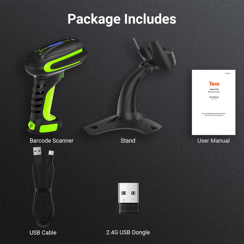Tera Barcode Scanner Wireless 2D QR with Stand: Pro Version Battery Level Indicator 2500mAh Industrial Grade Bar Code Reader Works with Bluetooth 2.4G for Windows Mac Android iOS 8100 Pro Green