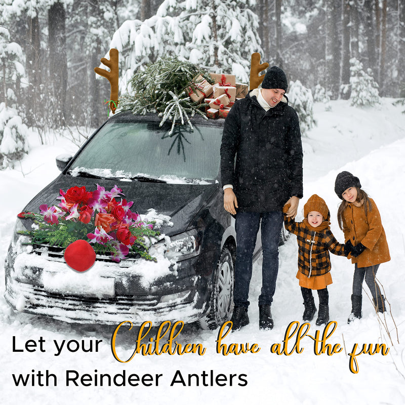 EcoNour Car Reindeer Antlers & Nose for Christmas | Car Decoration Kit with Reindeer Antler, Jingle Bells & Nose | Reindeer Horns Set Made of Sponge Stuffings | Rudolph Car Decoration for Christmas