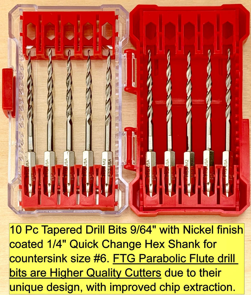 FTG USA 10 Pc #6 (9/64") Parabolic Flute Tapered Replacement Drill Bits, Case Same Sort 10 Pc