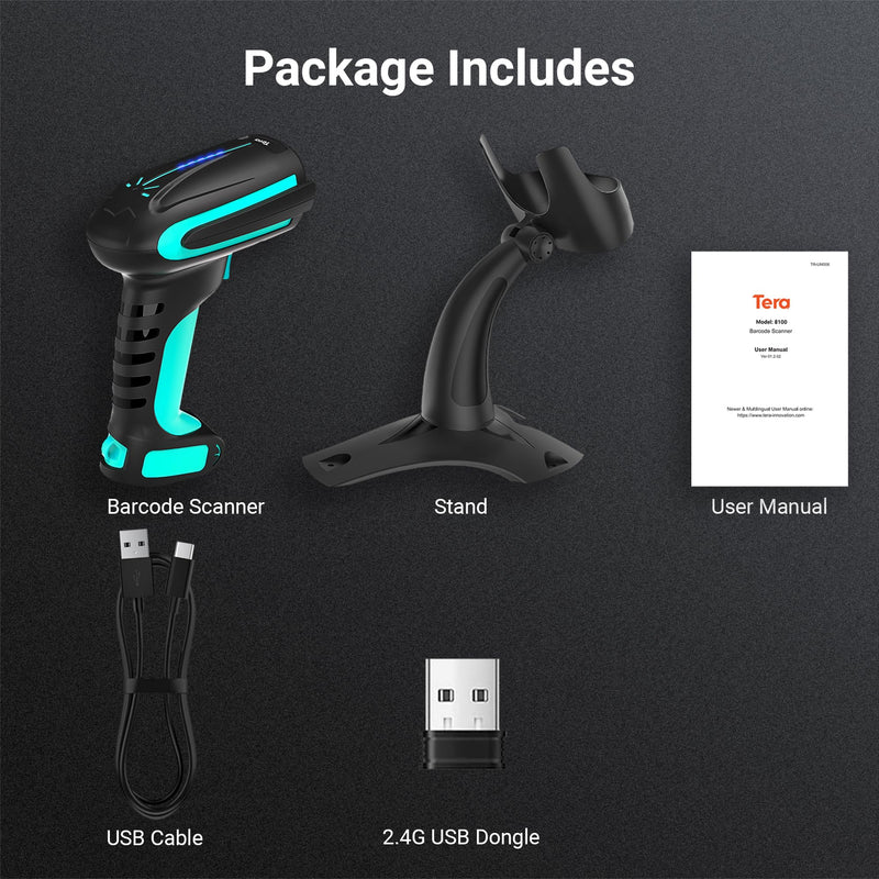 Tera Barcode Scanner Wireless 2D QR with Stand: Pro Version Battery Level Indicator 2500mAh Industrial Grade Bar Code Reader Works with Bluetooth 2.4G for Windows Mac Android iOS 8100 Pro Blue