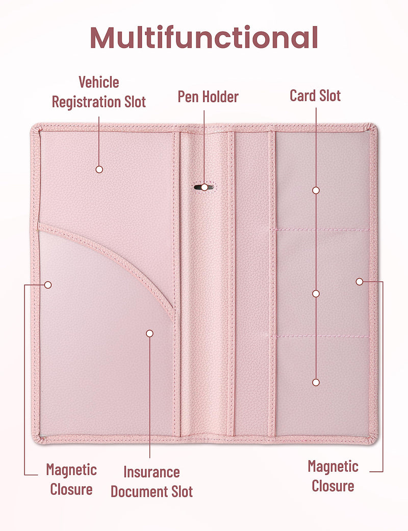 Yarnic Car Registration and Insurance Holder, Pu Leather Car Registration and Insurance Card Holder Car Document Holder for Cards, Essential Document, Driver License (Pink) Pink