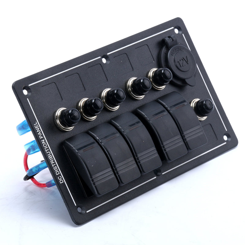 Amarine Made 5 Gang Aluminium LED Rocker & CIG Socket & Circuit Breaker Waterproof Marine/Boat/rv Switch Panel AM62-PN-LB5Z/S