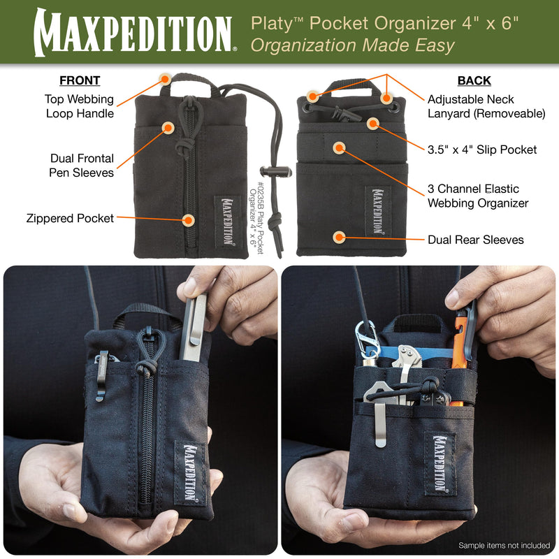 MAXPEDITION Platy Pocket Organizer, Durable EDC Tool Pouch for Men, Neck Wallet with Paracord Lanyard, Holds Flashlight, Multitool, Pen, Notebook Black 4" x 6"