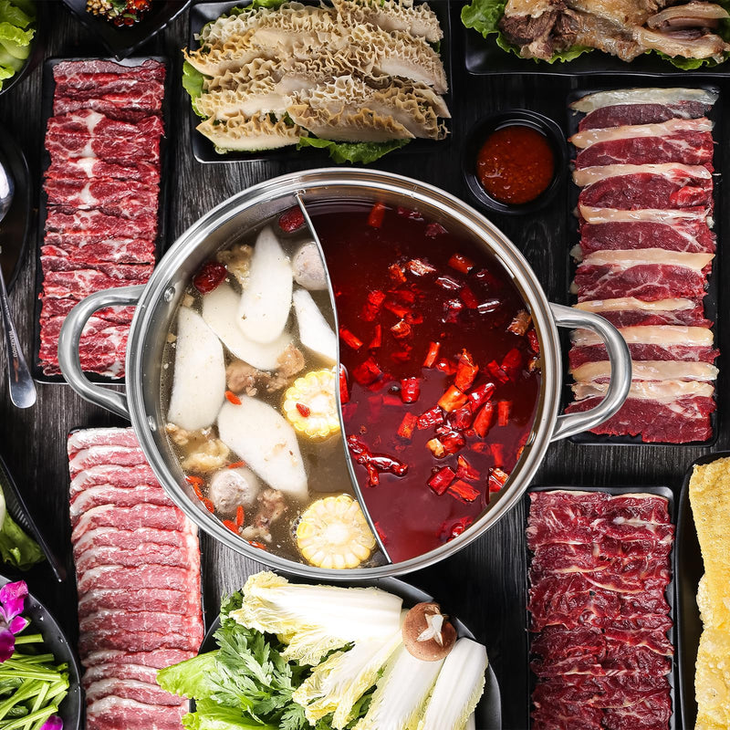 Peohud 304 Stainless Steel Hotpot Pot with Divider, 12 Inches Double-flavor Shabu Shabu Pot with Ladle and Slotted Spoon, Dual Sided Soup Cookware for Induction Cooktop Gas Stove