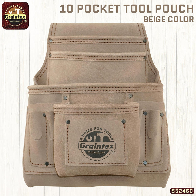 Graintex 10 Pocket Nail & Tool Pouch, Premium Quality Suede Leather Tool Bag for Constructors, Electricians, Plumbers, Handymen, HVAC Tools, Professional Organizer with Adjustable Fit Beige