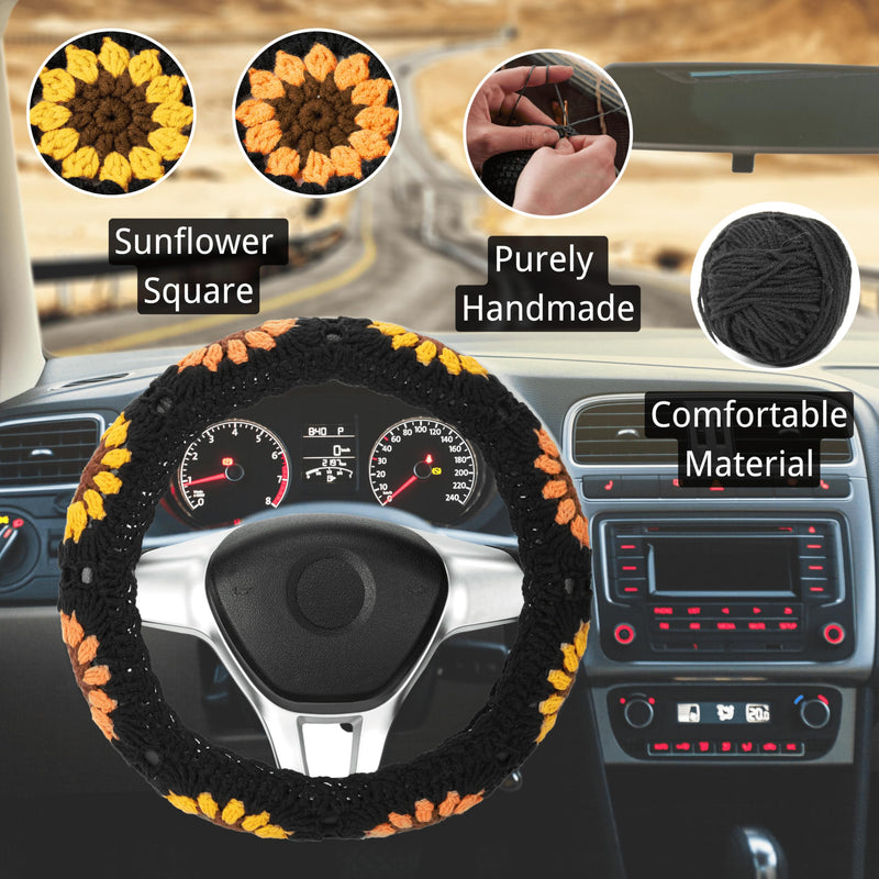 Boho 14-15 in Crochet Steering Wheel Cover Set, Handmade Black Sunflower Granny Square Pattern Car Decor for Women, Hippie Car Accessories A Wheel Cover
