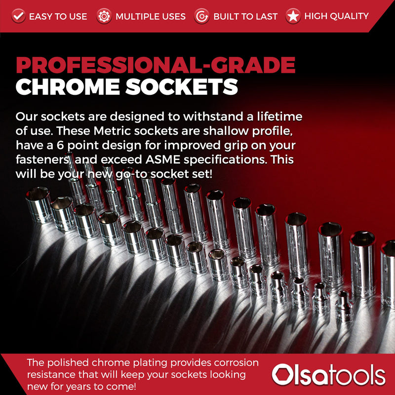 Olsa Tools Metric Shallow Socket Set - 3/8-Inch Drive, 15pc - 6-Point Chrome Sockets from 6mm–20mm and No Skipped Sizes - Mechanic Shallow Metric Socket Set - Professional Grade Sockets - Part: 1331 15pc, 3/8-Inch Drive