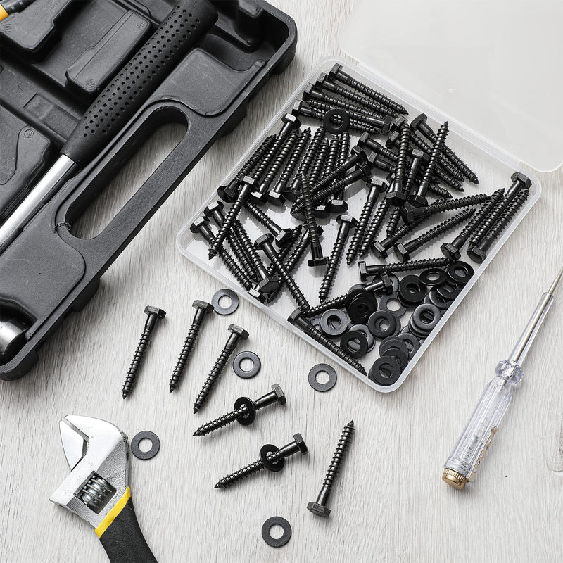 Zonon 50 Pcs 1/4" X 2" Hex Head Lag Screws Bolts Lag Screw Kit with Flat Washers Stainless Steel Heavy Duty Screws Bolts for Wood Industrial/Commercial Grade (Black) 1/4" X 2" Black