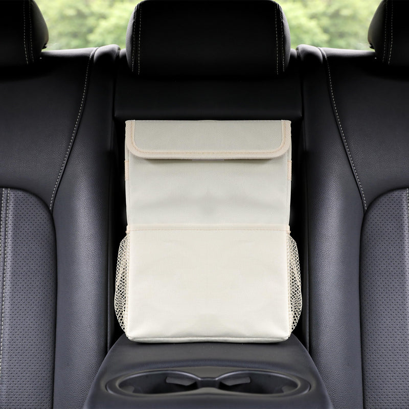 Car Garbage can with lid Leak Proof Vehicle Trash Can 3 Storage Pockets Hanging Waterproof car Trash Bag for SUV Beige