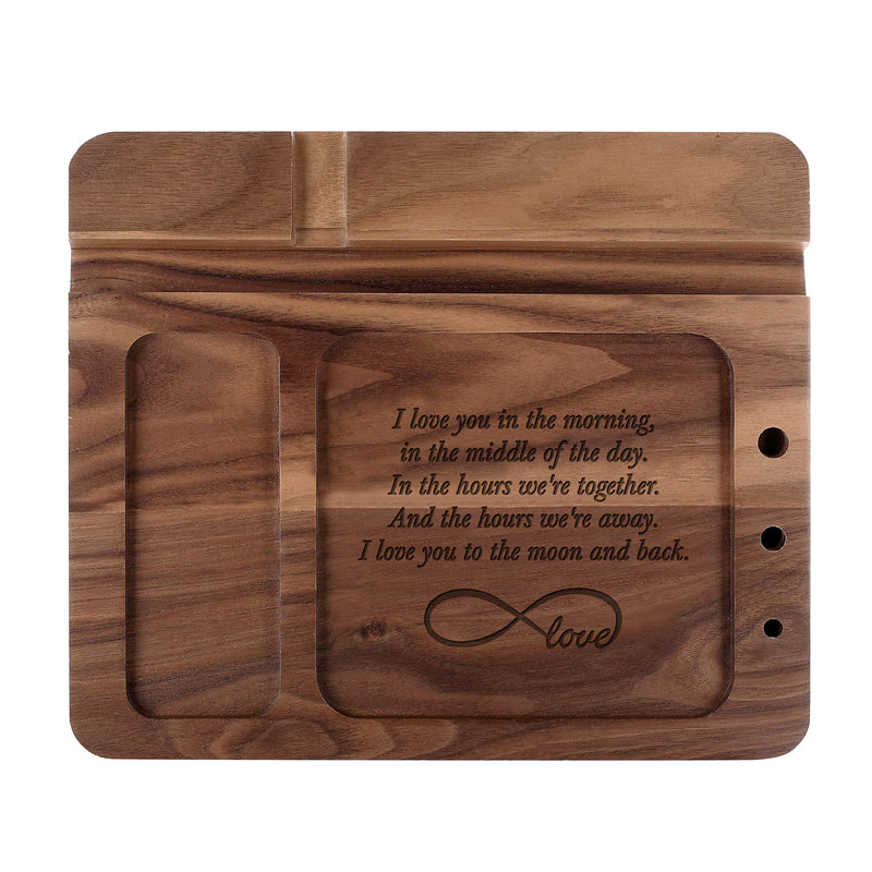 Wooden Phone Docking Station for Men - Engraved Nightstand Organizer, Phone Holder, Key, Wallet, Watch Stand, Christmas, Anniversary, Birthday Gifts for Boyfriend, Husband(Walnut) Brown Ebony Wood For Husband