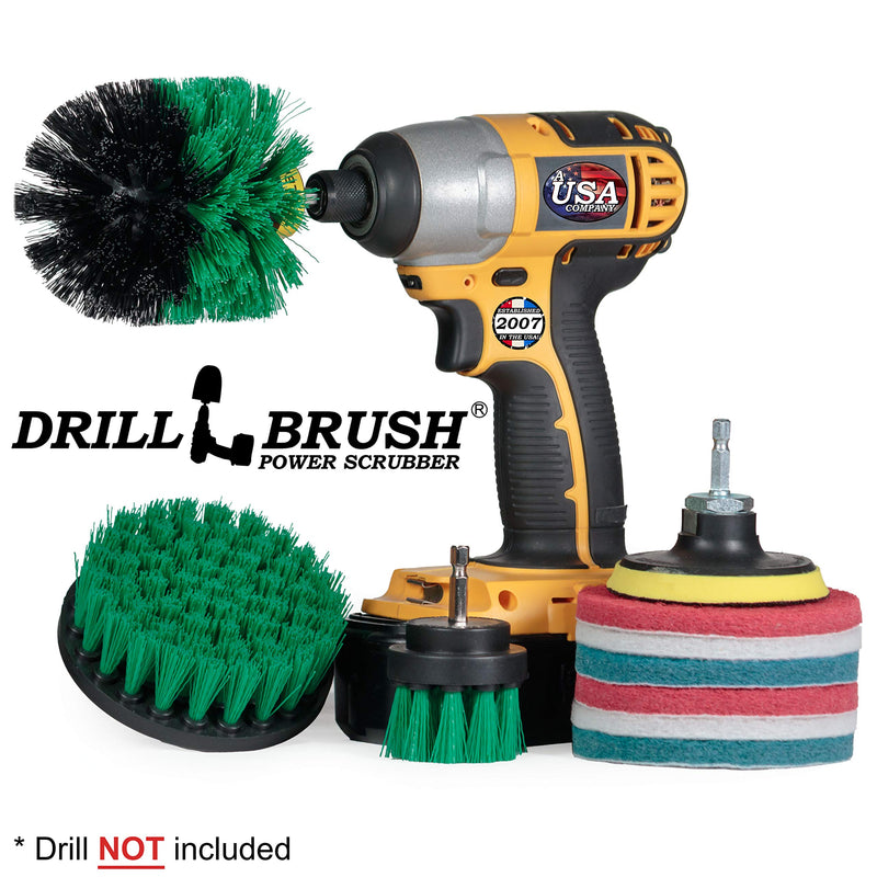 Drillbrush Kitchen Cleaning Supplies - Whole Household Scrubbing Pads and Medium Stiffness Brushes - Stove Top and Oven Rack Cleaning Brush Kit - Sink, Tile, Laminate, Vinyl, Pan, Countertop Scrubber Green