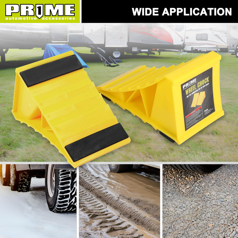 PR1ME Wheel Chocks with Non-Slip Base for RV & Trailer. 2 Pack Heavy Duty Wheel Chock with Bright Yellow. Lightweight Wheel Stoppers for Cars Camper Trucks RVs, Fit for Most Tyre Sizes wheel Chock 2 Pack