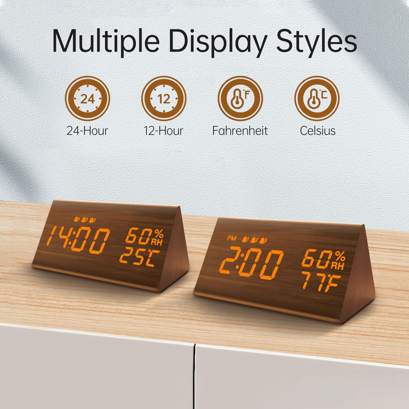 JALL Digital Alarm Clock, with Wooden Electronic LED Time Display, 3 Alarm Settings, Humidity & Temperature Detect, Wood Made Electric Clocks for Bedroom, Bedside (Brown) Brown