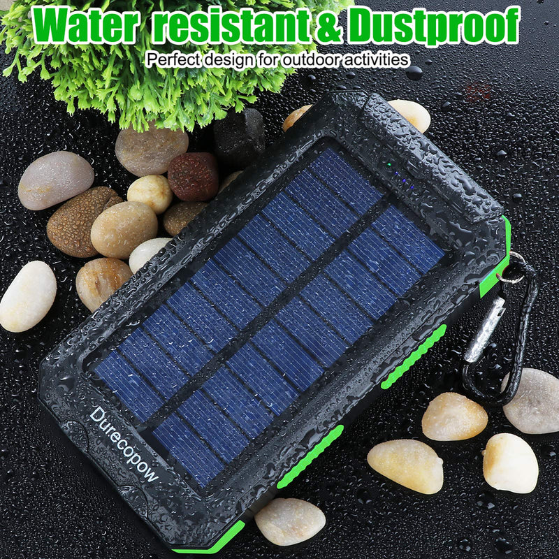 Solar Charger, 20000mAh Portable Outdoor Waterproof Solar Power Bank, Camping External Backup Battery Pack Dual 5V USB Ports Output, 2 Led Light Flashlight with Compass (Green) Green