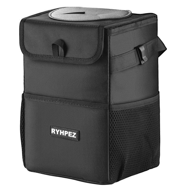 Ryhpez Car Trash Can with Lid - Leakproof Trash Bin Car Garbage Can, Collapsible Automotive Truck Organizer and Storage Bag Car Accessories for Women Men Road Trip Essentials Standard (Black)