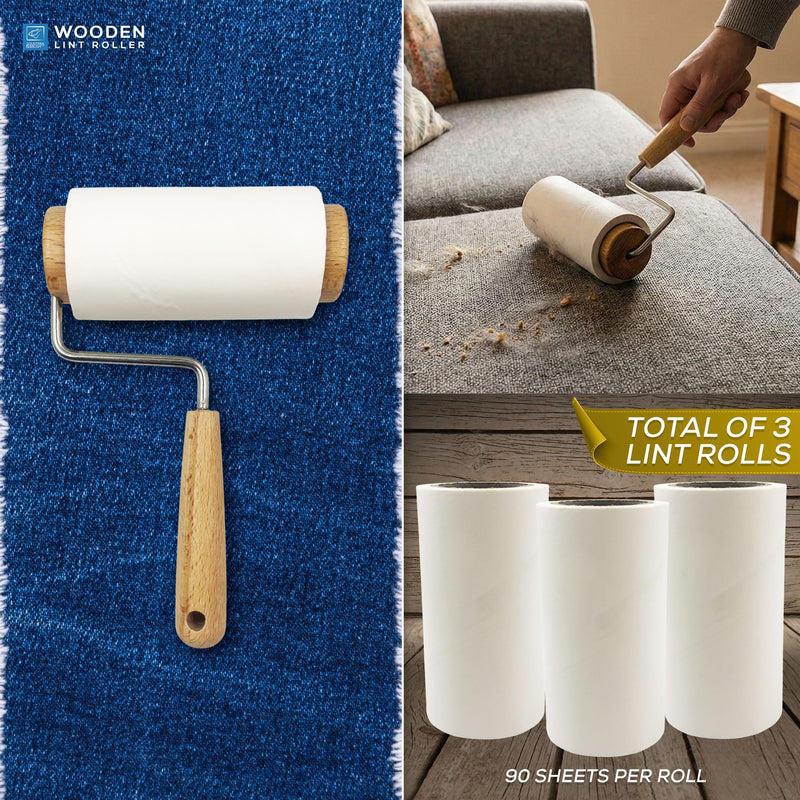 Wooden Lint Roller with 3 Reusable Hair Rollers Lint Remover for Cat and Dog Hair - Smooth Wooden Handle, More Sheets per Sticky Rolls, Perfect for Upholstery, Carpet, and Clothes