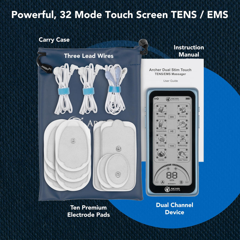 Dual Stim Touch TENS/EMS Unit – Rechargeable Touchscreen Muscle Stimulator with Dual Output Ports and 32 Massage & Stimulation Modes – Durable, Portable, Professional Quality Device