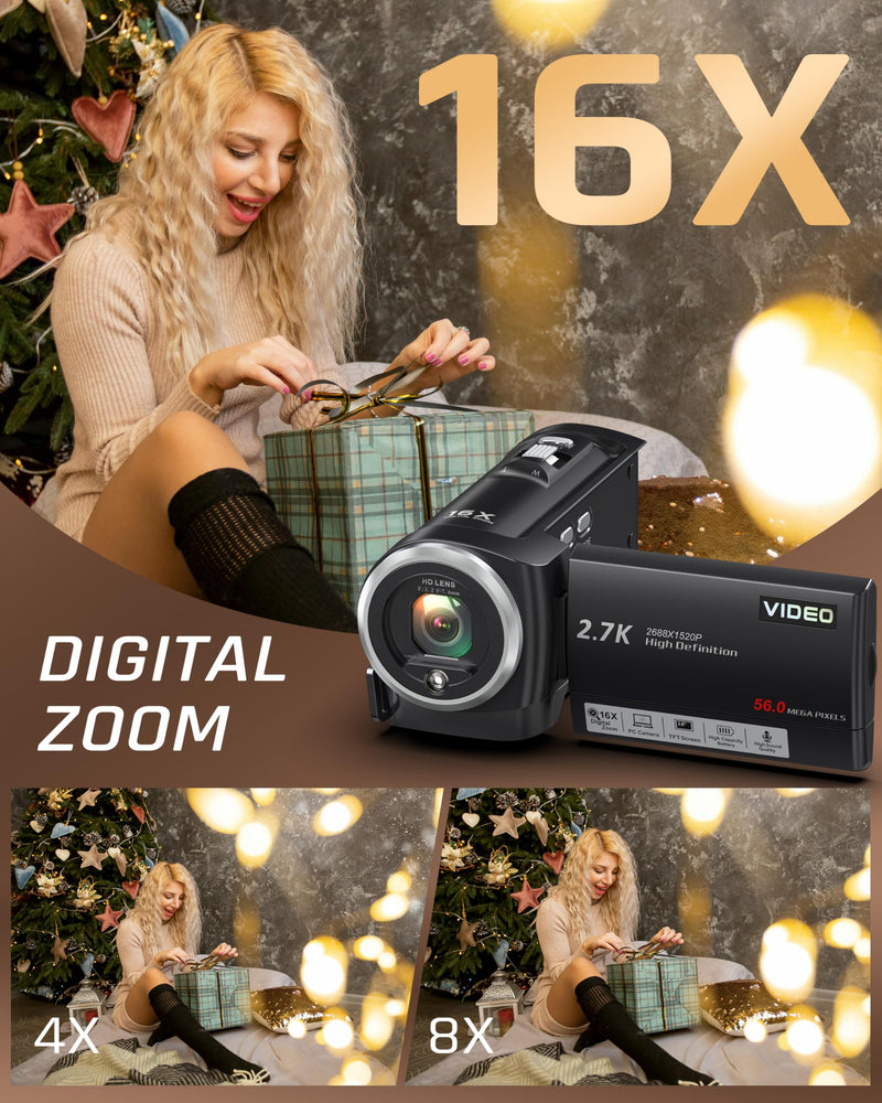 Video Camera Camcorder, QHD 2.7K 56MP 16X Digital Zoom Vlogging Camera | 2.8" 270° Rotatable Screen Camcorder, Built-in LED Fill Light Camcorder for YouTube with 32GB Card and Two Batteries