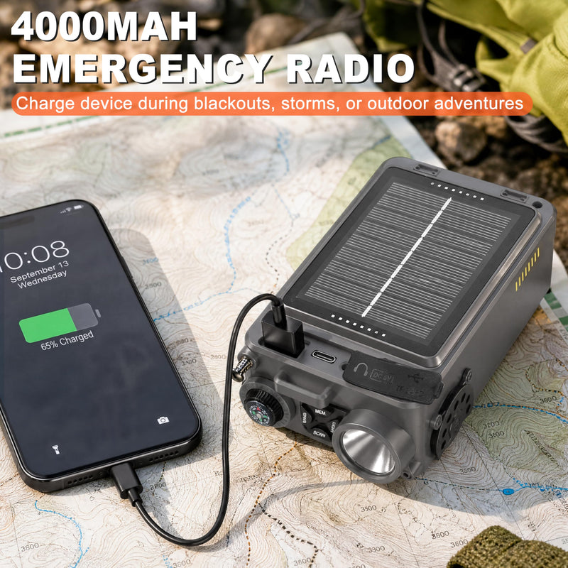 RunningSnail Solar Hand Crank Emergency Radio, NOAA Weather Alert, AM/FM/SW | Digital Tuning,Bluetooth Speaker,TF Playback,Flashlight,Compass,SOS,4000mAh,Thermal Blanket,USB-C Charging,for Emergencies Grey