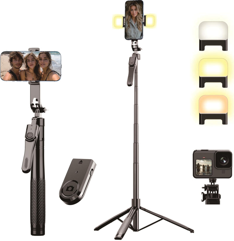 Selfie Tripod with Light, 80" Overhead Phone Mount with Light Camera Tripod for iPhone & Selfie Stick Tripod Stand with Remote 2 Lights, 360° Rotating Portable Phone Tripod Stand for iPhone Cell Phone