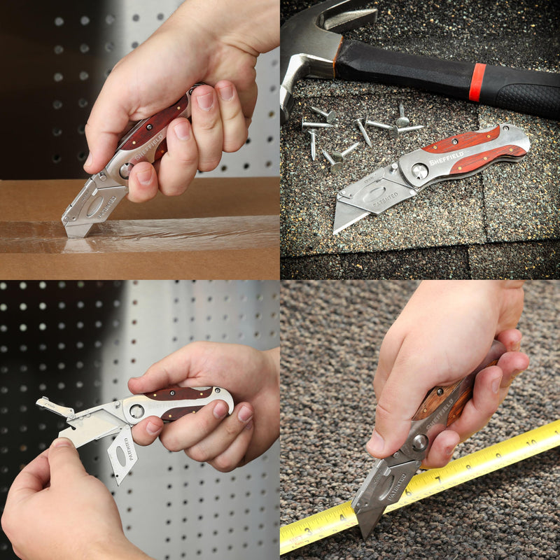 Sheffield 12525 Premium Lock Back Utility Knife 2 Pack, Gifts for Men, Dad Gifts, Box Cutter Knife, Carpet Knife, Drywall Cutter, Quick Change Blade, Aluminum and Wood Handle 2-Pack