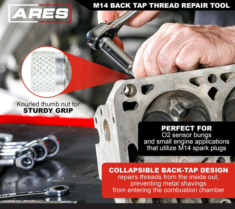 ARES 10111 – M14 Back Tap Thread Repair Tool – Collapsible Design Easily Engages and Repairs Threads from Inside Out – Keeps Metal Shavings Out of Cylinder