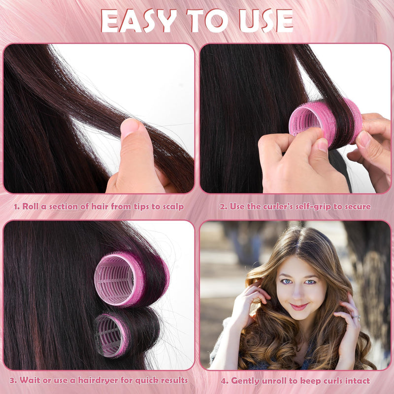 15 Self Grip Hair Rollers Self Holding Pink Rollers Gripping Sticky Rollers Salon DIY Hairdressing Curlers Hair Curling Tools for Men Women Long Medium Short Hair(44MM)
