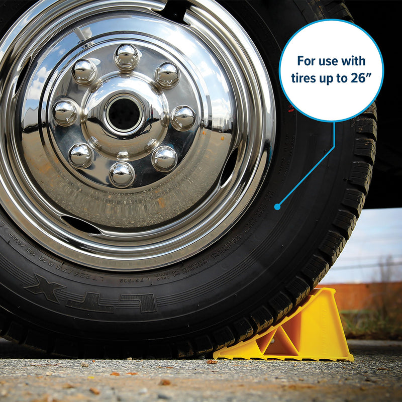 Camco Standard Wheel Chock for Trailers & RVs - Heavy Duty Trailer Wheel Chock Constructed of Durable Plastic w/UV inhibitors - for Use w/Tires Up to 26-inches - Re-Hitch in Confidence - 44412