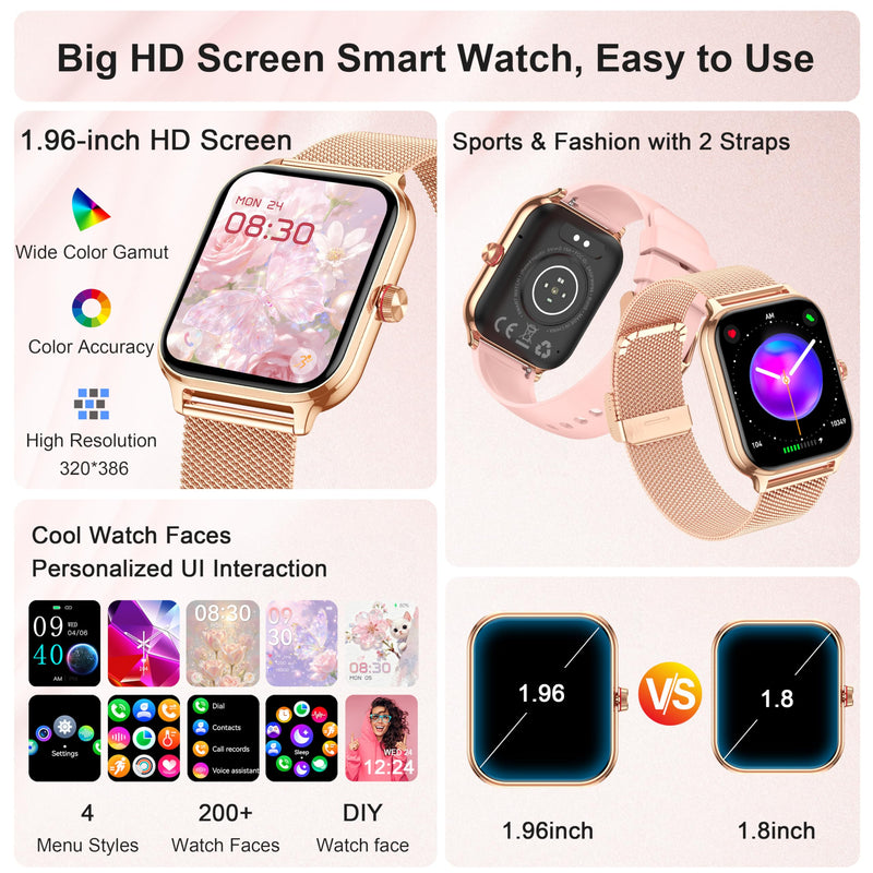 Smart Watch Women Men, Answer/Make Call, 1.96'' Fitness Tracker with Blood Pressure, HR, Sleep Monitor, 110+ Sport Modes Reloj Inteligente para Mujer Smartwatch Compatible with iPhone/Samsung/Android Rose Gold