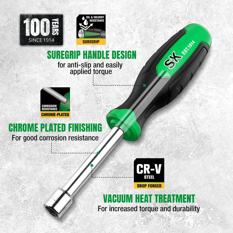 SK 7-Piece SAE Nut Driver Set, 3/16", 1/4", 5/16", 11/32", 3/8", 7/16", 1/2", Premium CR-V Construction, SureGrip Handle