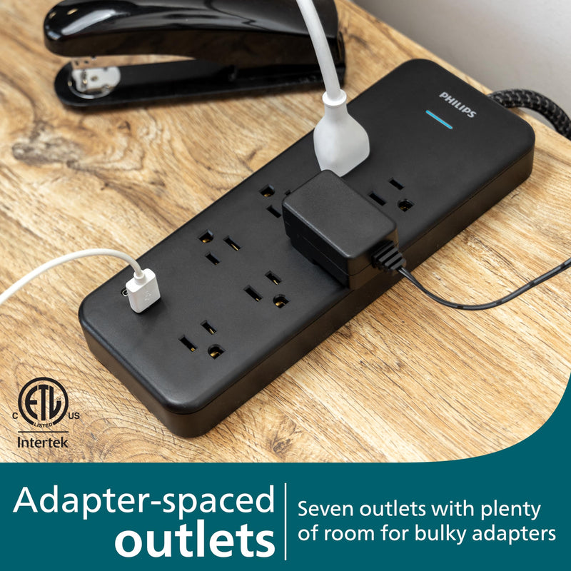 Philips 7-Outlet Surge Protector, 6 Ft Braided Extension Cord, Adapter-Spaced, 1 USB-A, 1 USB-C, 15W, 1500J, Black, SPP3703B/37