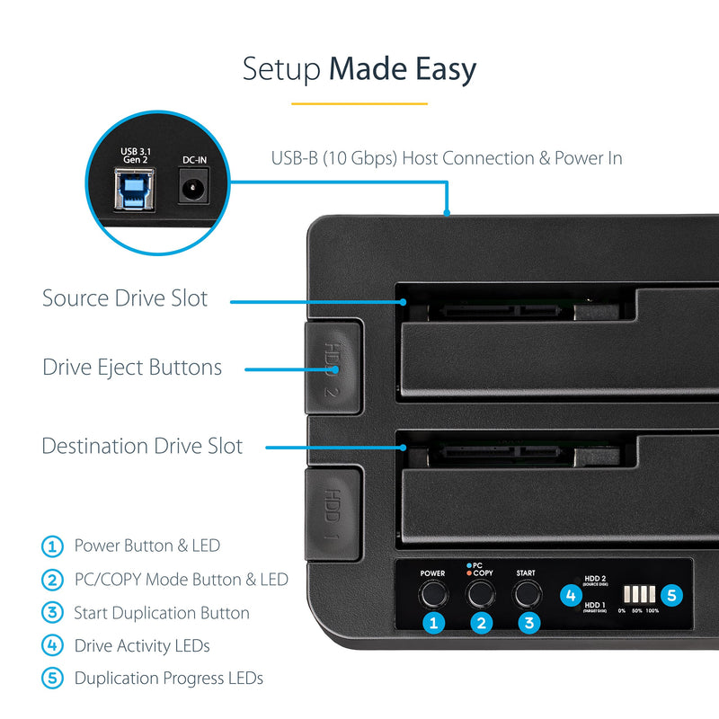 StarTech.com Standalone Hard Drive Duplicator, External Dual Bay HDD/SSD Cloner/Copier, USB to SATA III Docking Station USB 3.1 (10 Gbps)