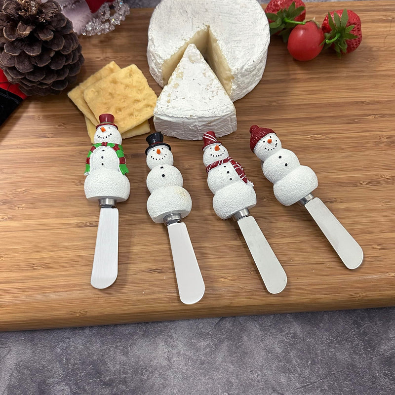 Wine Things Snowmen Cheese Spreaders, Hand-Painted Resin Handles with Stainless Steel Blades for Spreading Cream Cheese, Butter, and Jam, Assorted Designs, Set of 4