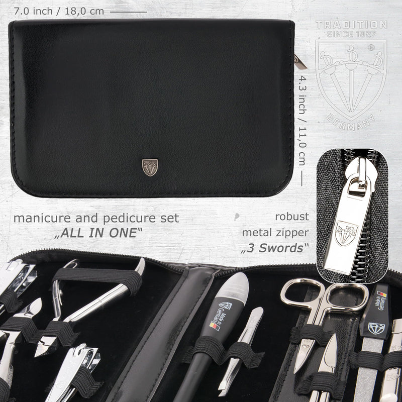 3 Swords Germany - brand quality 10 piece manicure pedicure grooming kit set for professional finger & toe nail care scissors clipper fashion leather case in gift box, Made by 3 Swords (00286) Black